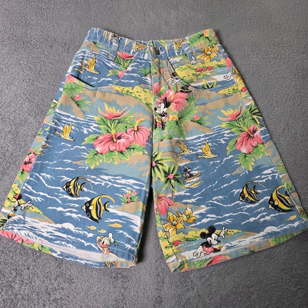 Mickey by Jerry Leigh Women 3/4 Shorts Blue Tropical Hawaiian Mickey Mouse USA